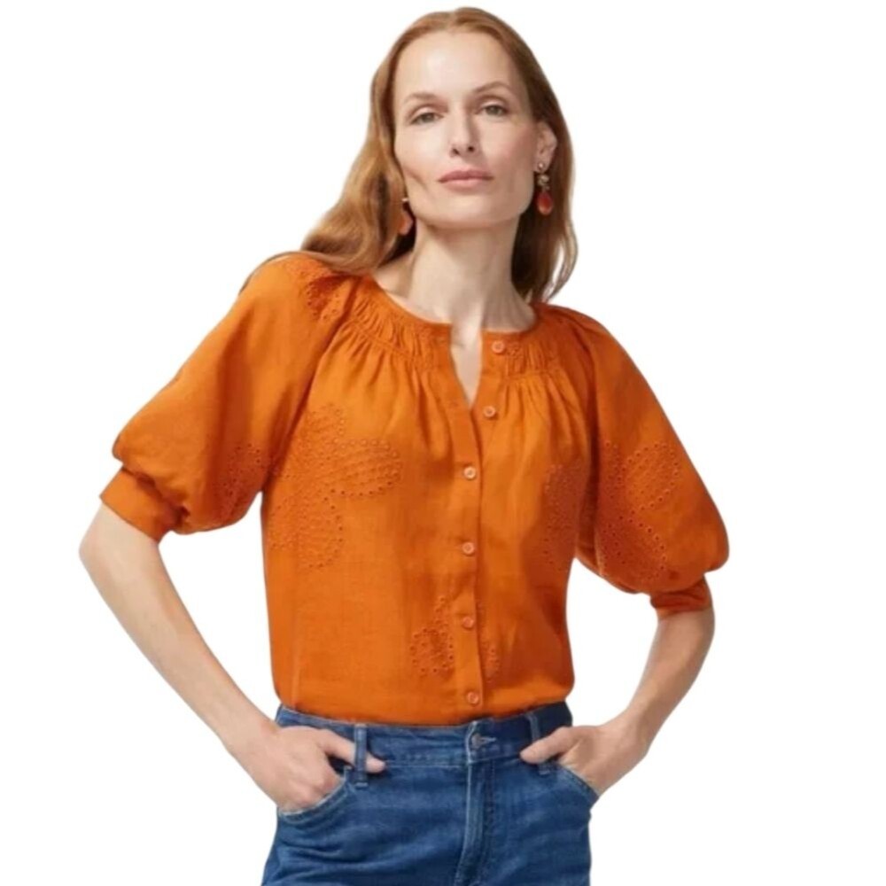{Chicos} Ramie Cutwork Eyelet Balloon Sleeve Blouse Orange - Sz 3 (XL/16)